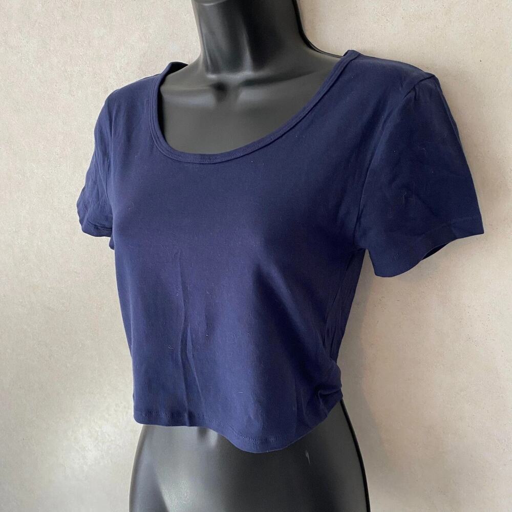 2 Zenana Outfitters‎ Scoop Neck Cropped Cotton Top Short Sleeve Blue & Brn Large - Picture 4 of 6